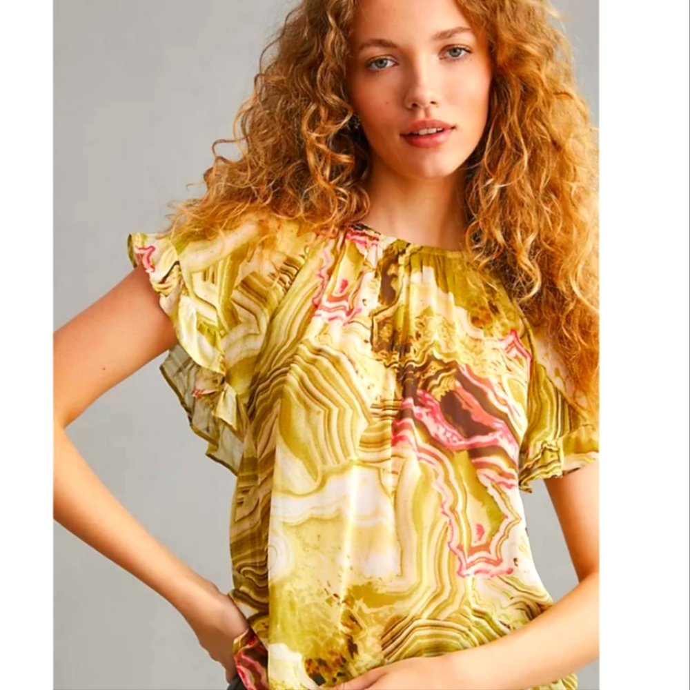 Anthropologie NWT Green and Pink Ruffle Sleeve Blouse Tie Up Back Sz. S